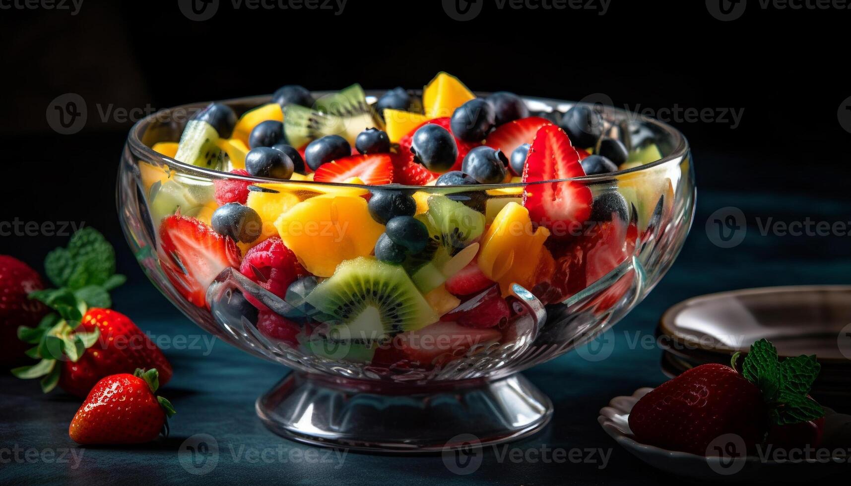 salutare buongustaio frutta insalata su di legno tavolo generato di ai foto