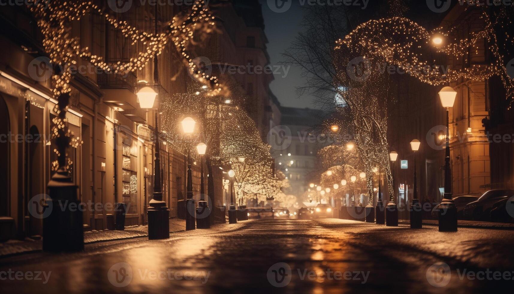raggiante Natale luci illuminare città strade a crepuscolo generato di ai foto