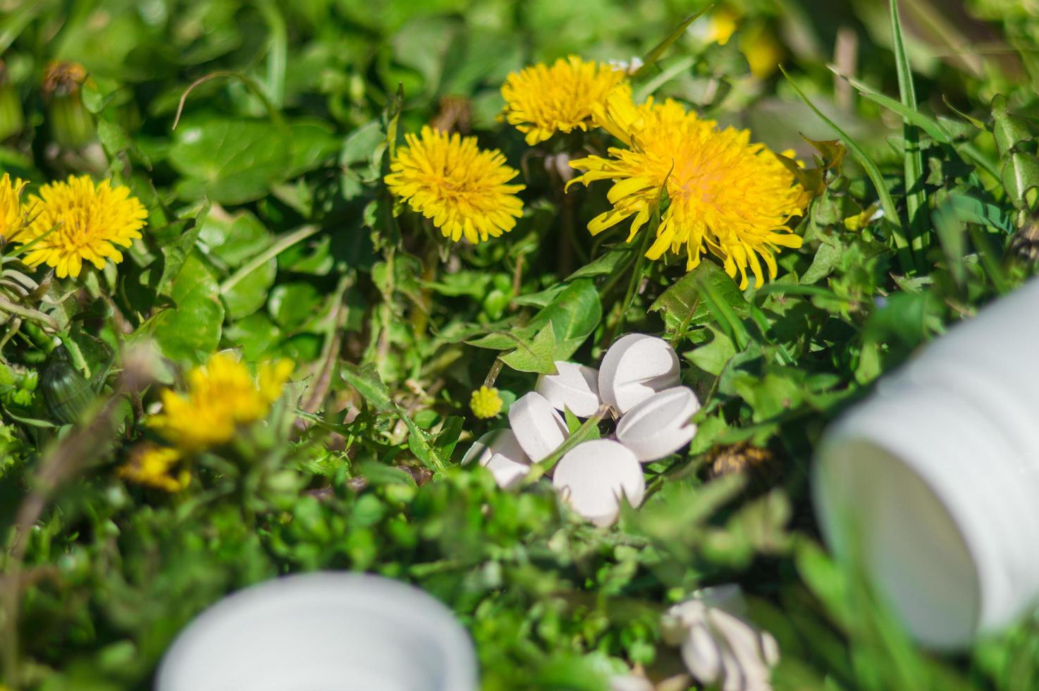 pillole bianche nell'erba con fiori foto