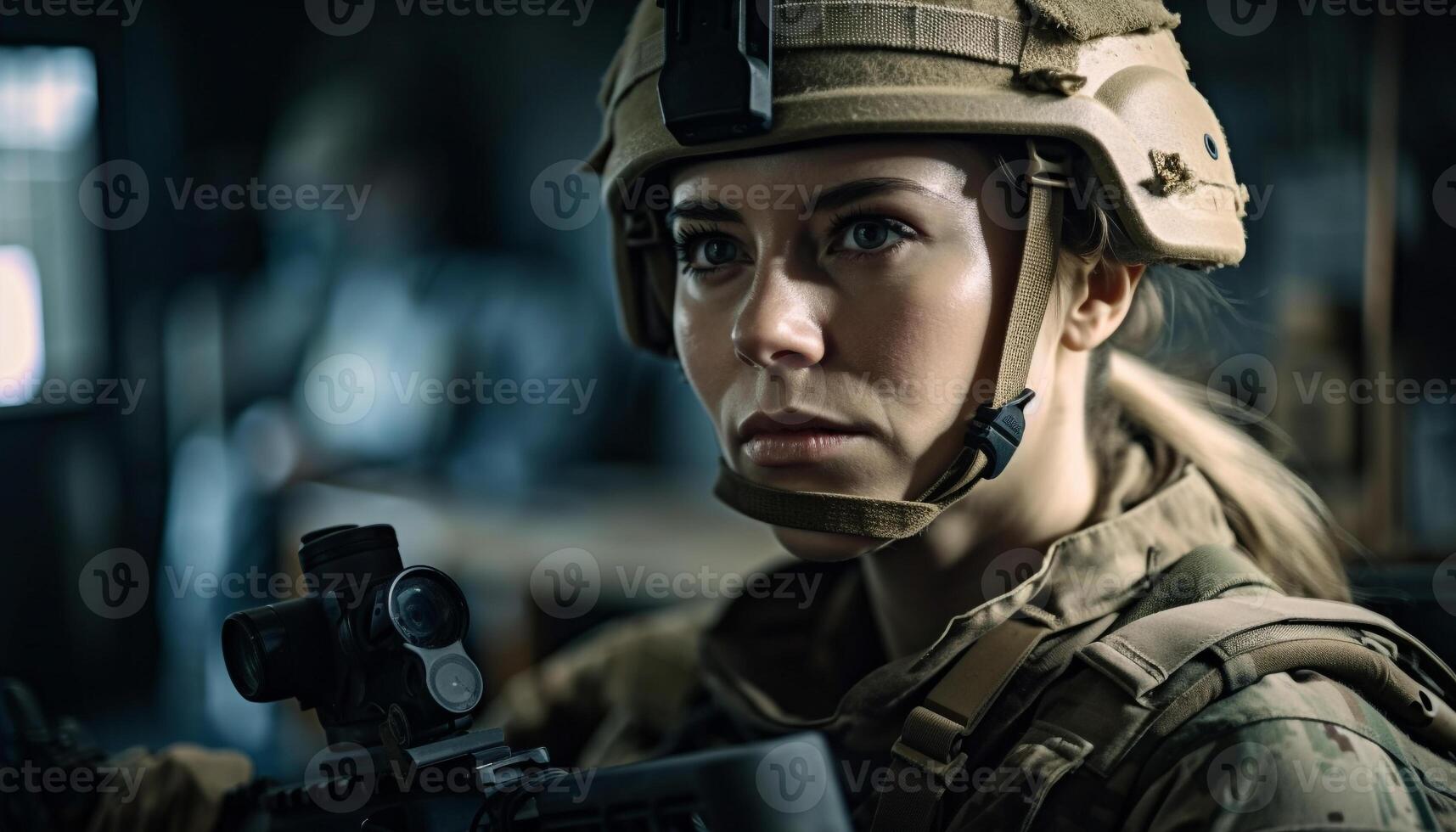 fiducioso soldato obiettivi fucile, competenza e determinazione generato di ai foto