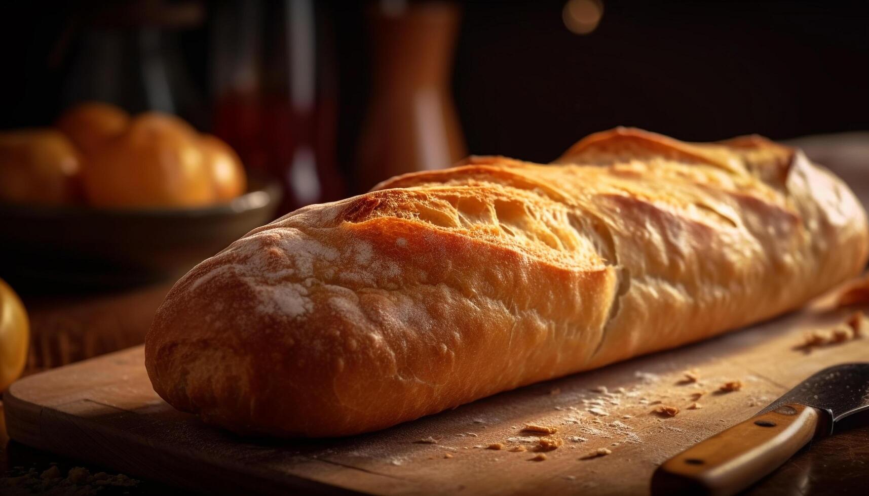 fresco fatti in casa rustico pane su di legno taglio tavola generato di ai foto