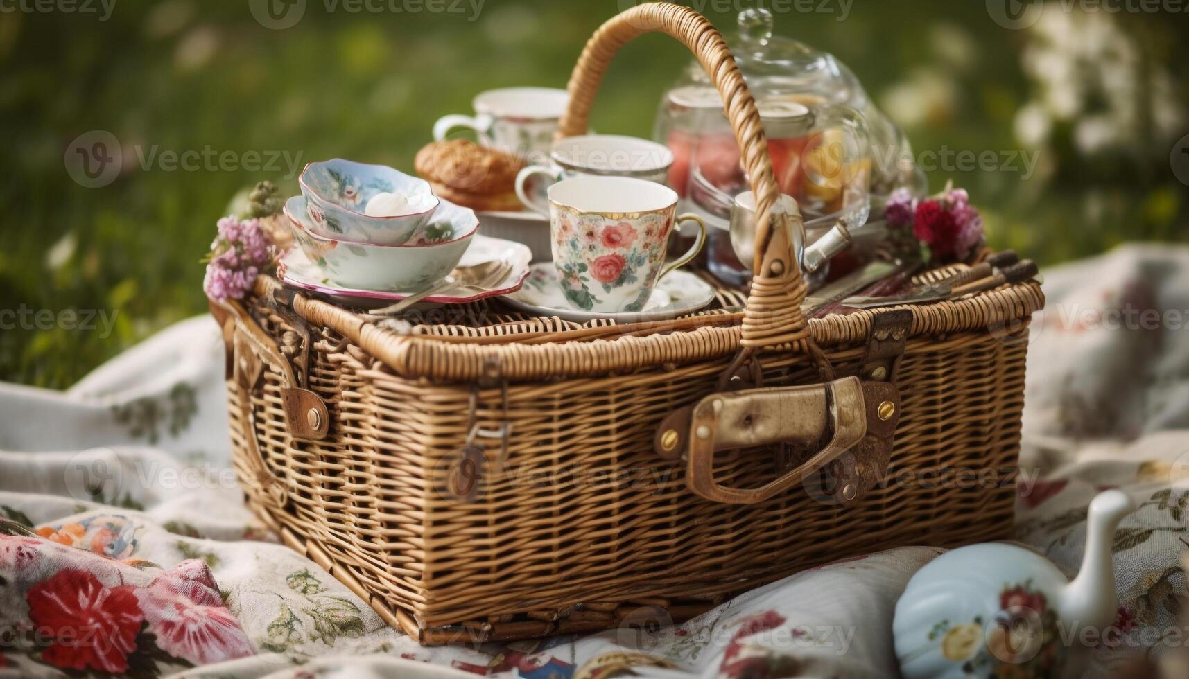 estate picnic su erba, di vimini cestino pieno generato di ai foto