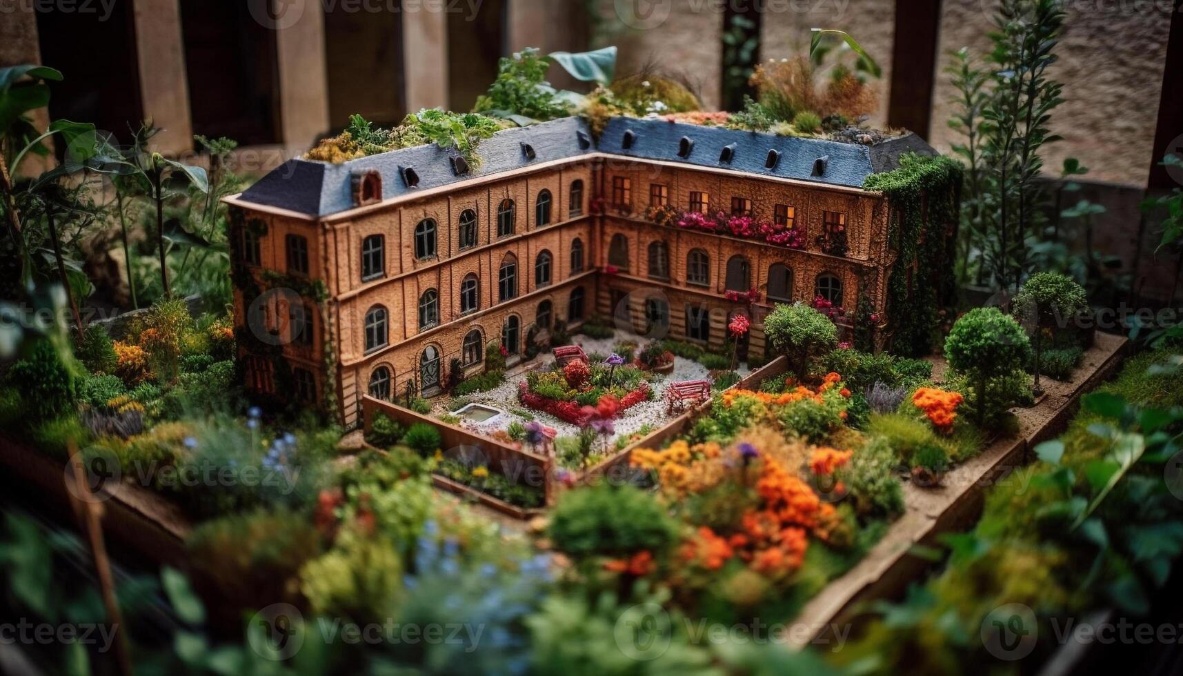 elegante fiori decorare arcaico edificio cortile nel autunno generato di ai foto