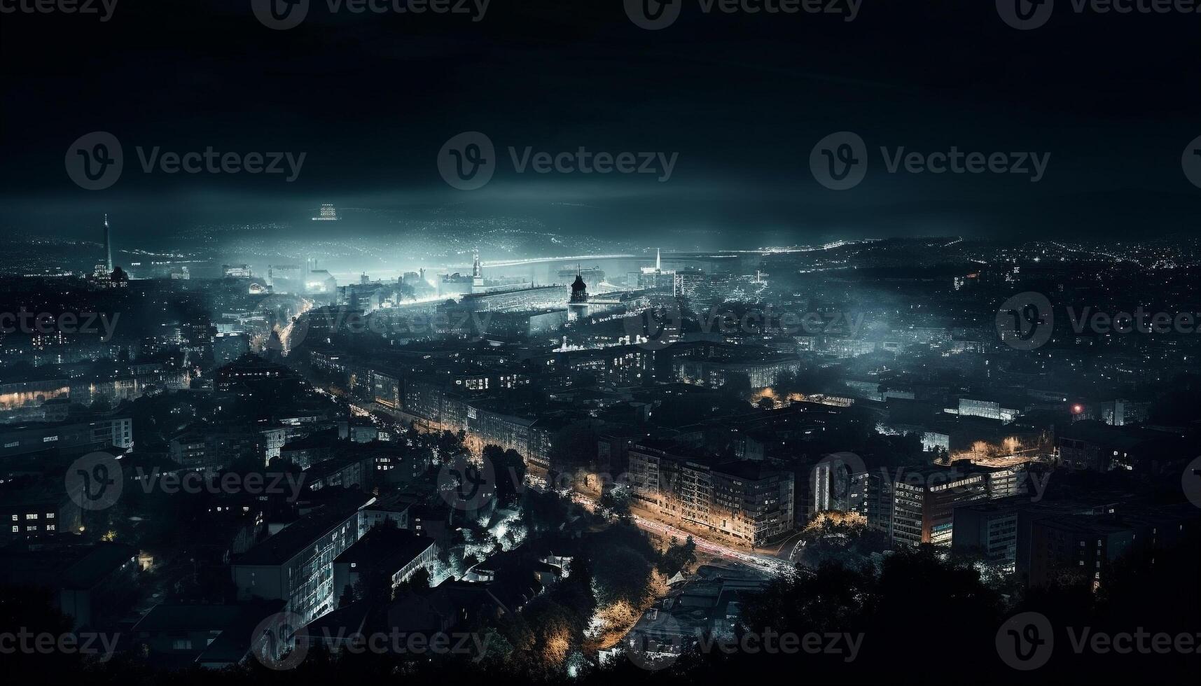 un' panoramico città orizzonte si illumina il notte generato di ai foto