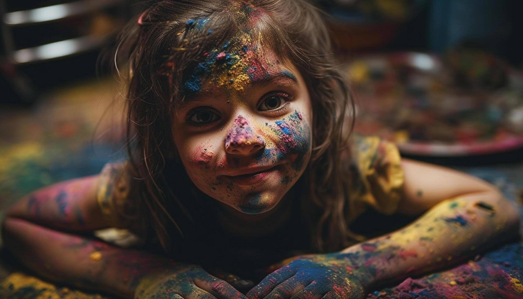 carino ragazze godendo disordinato dito pittura divertimento in casa generato di ai foto