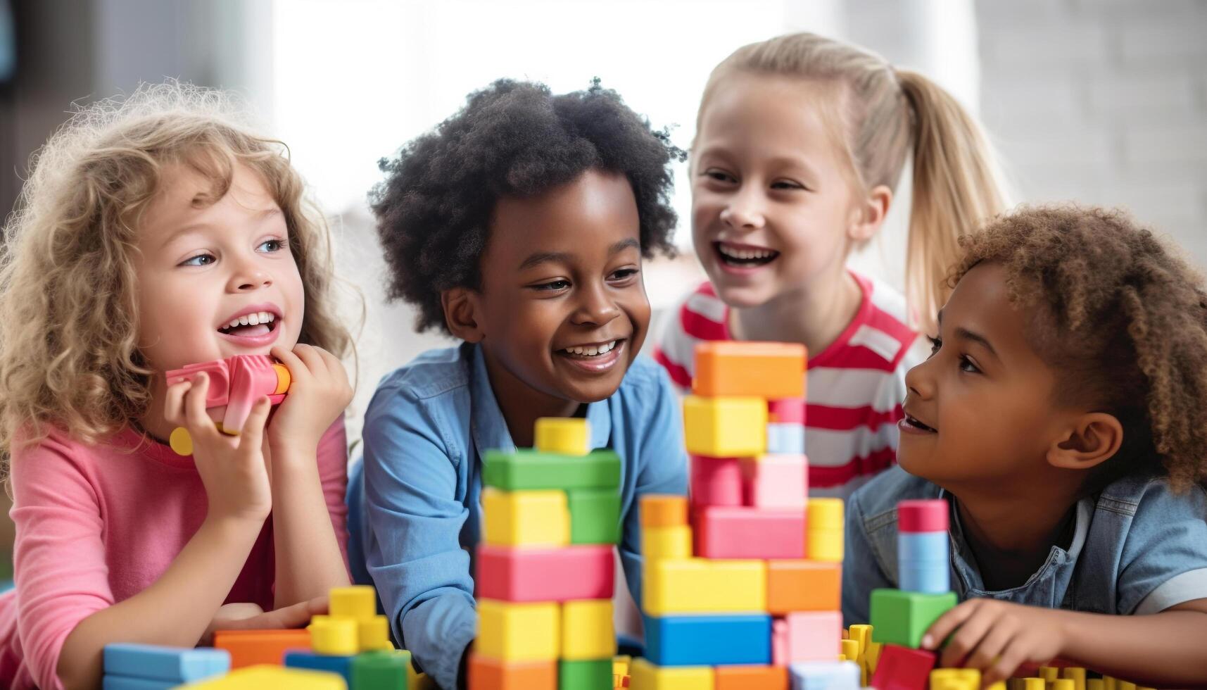 sorridente bambini giocando con Multi colorato giocattolo blocchi generato di ai foto