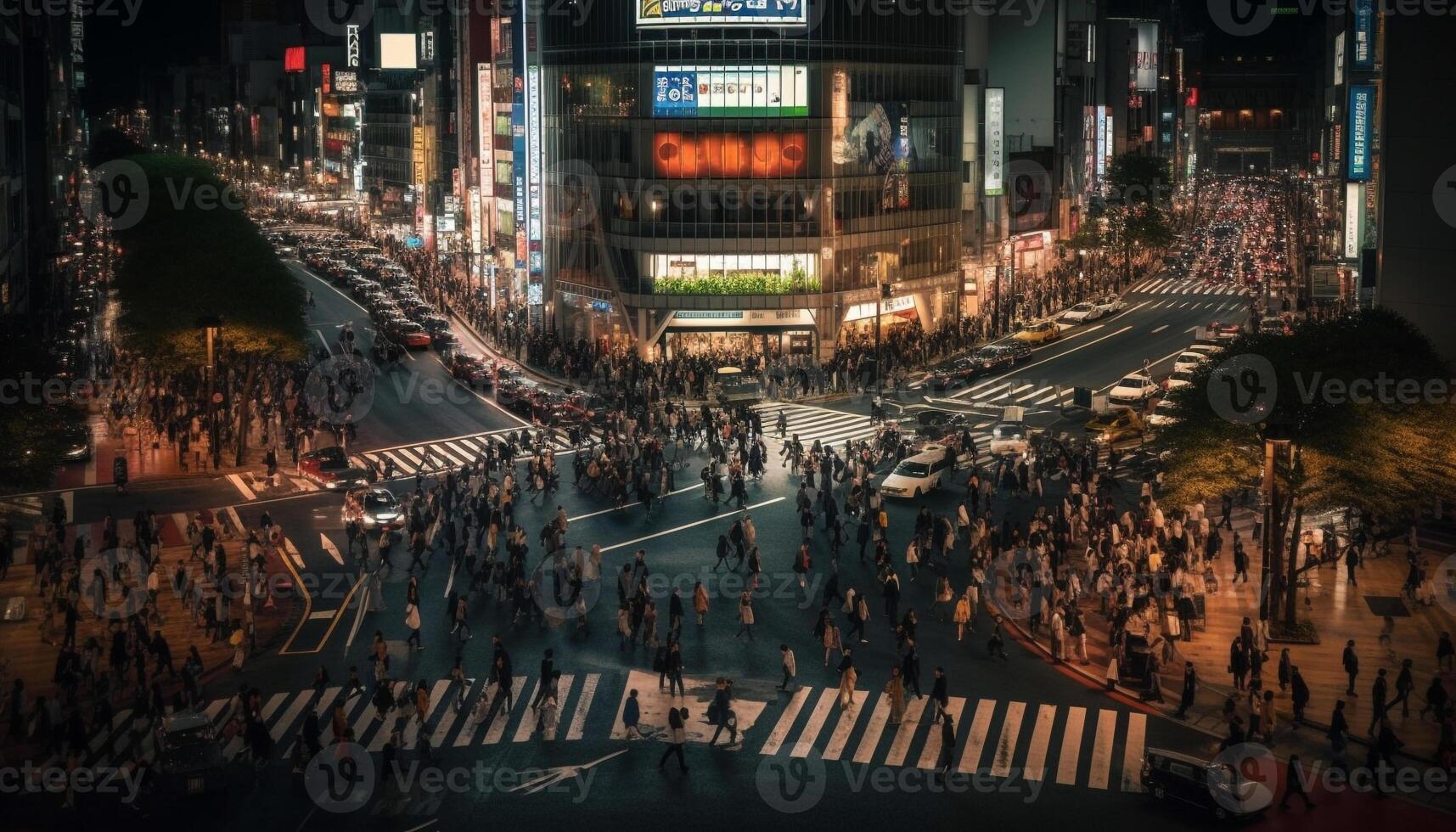 affollato città strada pieno con illuminato grattacieli generato di ai foto