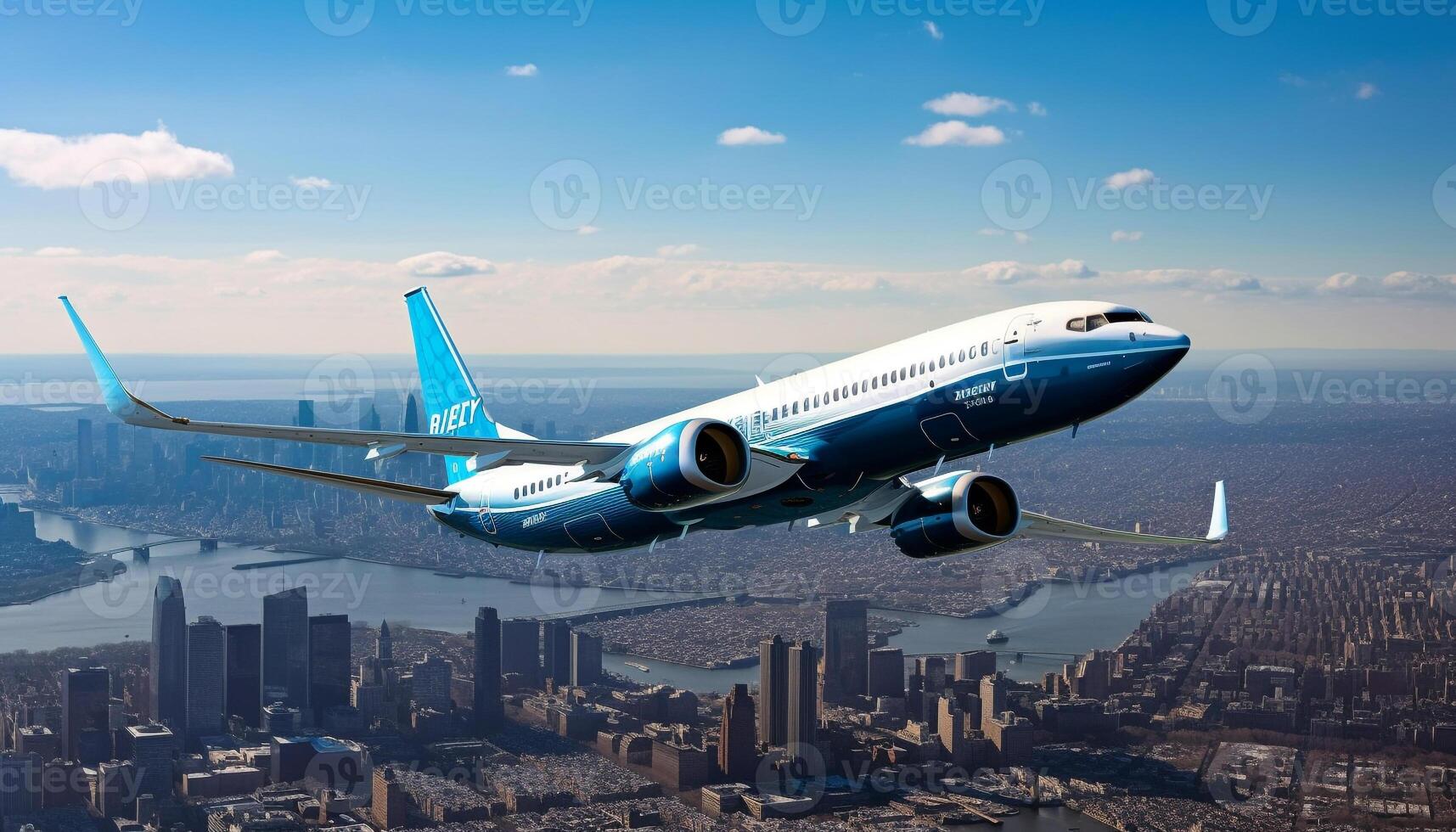 commerciale aereo Soaring sopra moderno urbano orizzonte generato di ai foto
