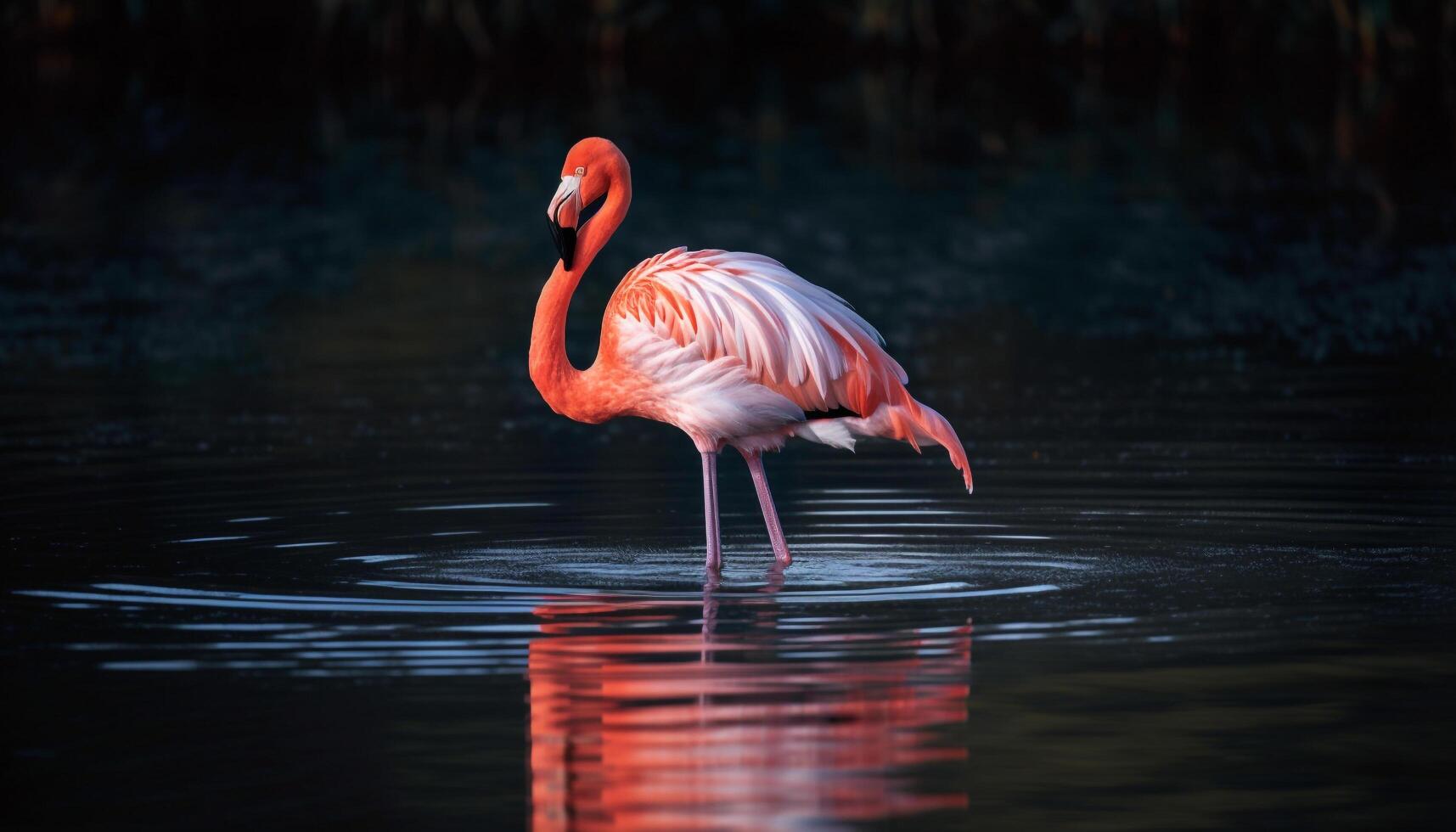 elegante rosa fenicottero guadare nel tranquillo stagno generato di ai foto