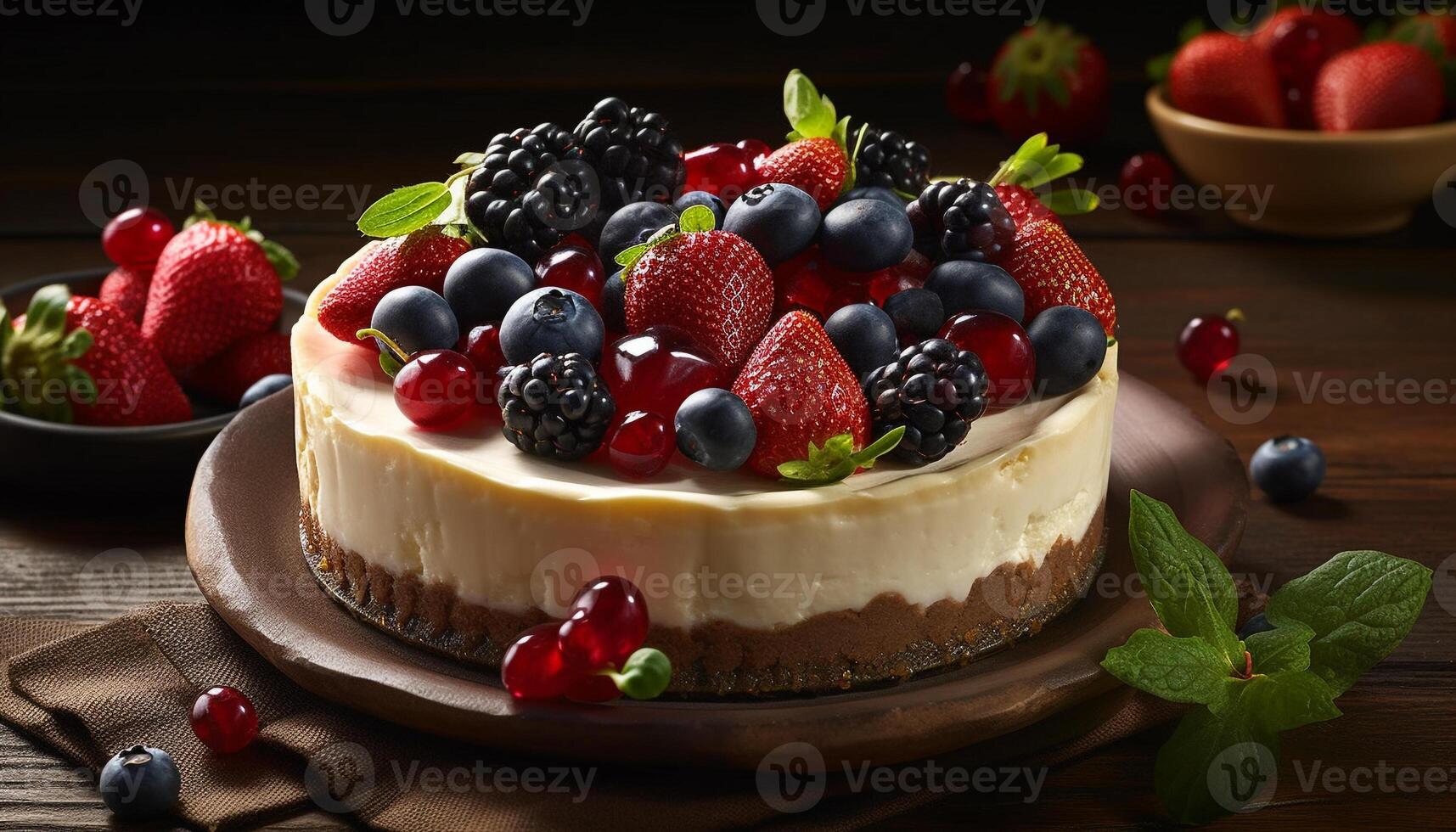 appena al forno bacca torta di formaggio con frustato crema guarnizione generato di ai foto