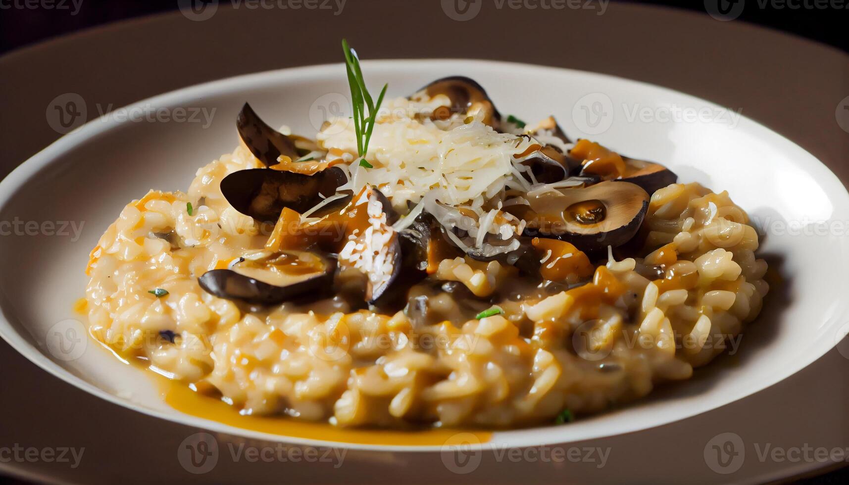 salutare vegetariano risotto con fresco commestibile funghi generato di ai foto