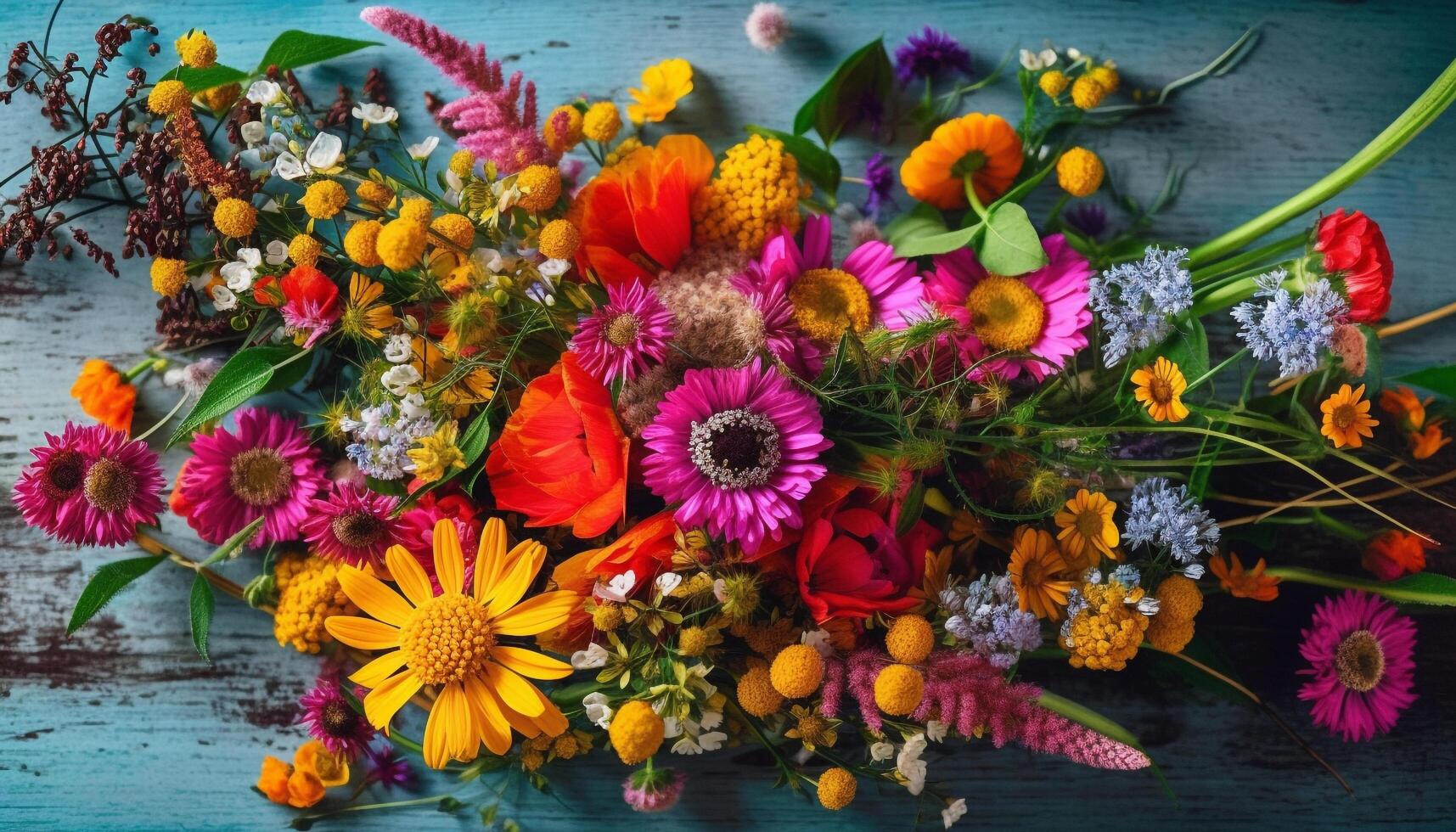 Multi colorato mazzo di fresco fiori su legna generato di ai foto