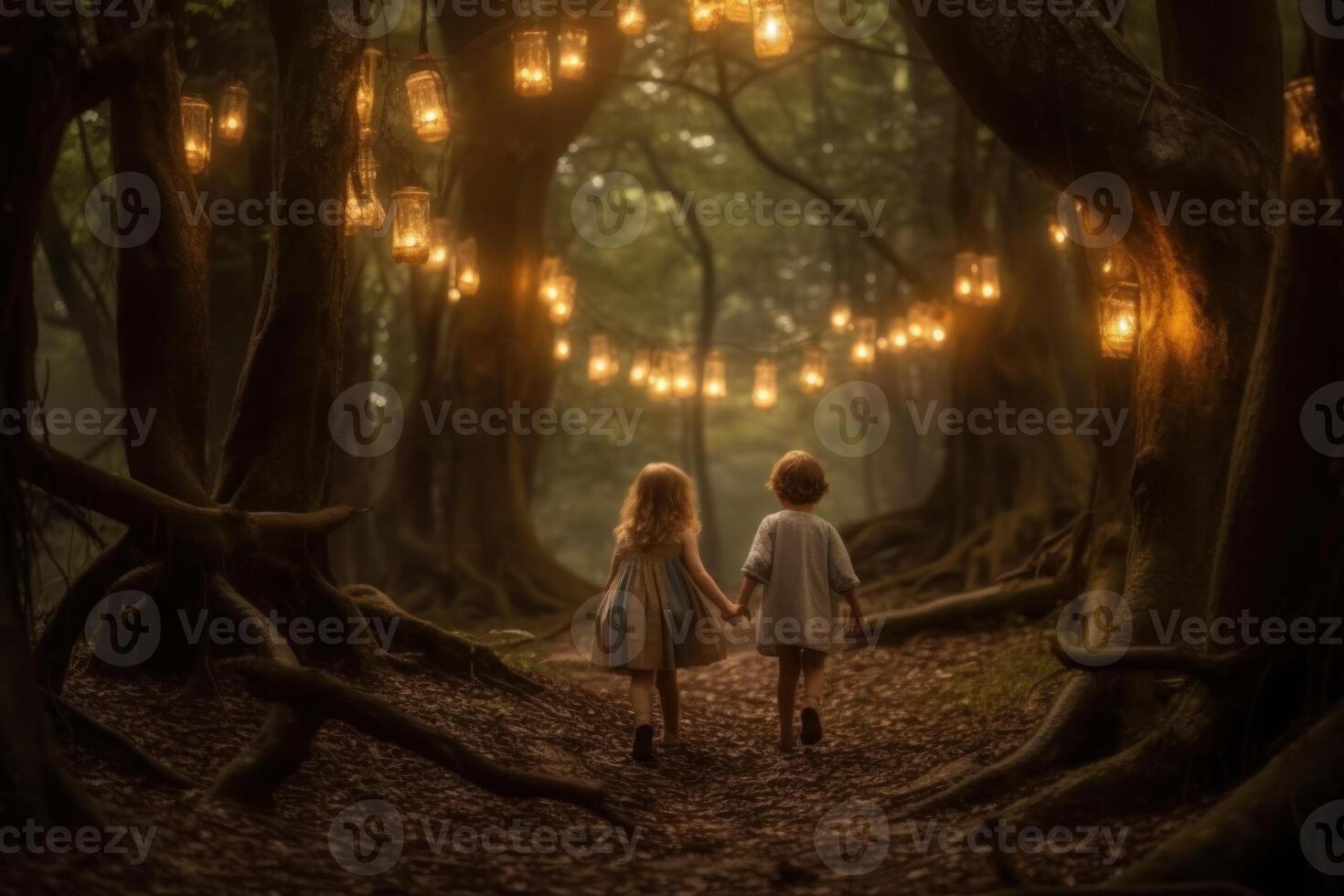 ai generato Due bambini sensazione il magico atmosfera come essi accedere foresta sfondo foto