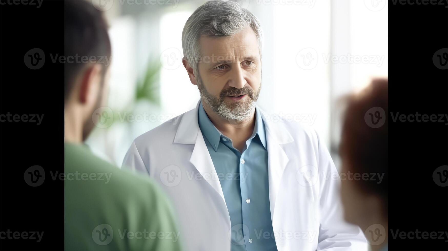 ritagliata Immagine di medio anziano professionale maschio medico parlando per paziente o junior nel Ospedale, generativo ai. foto