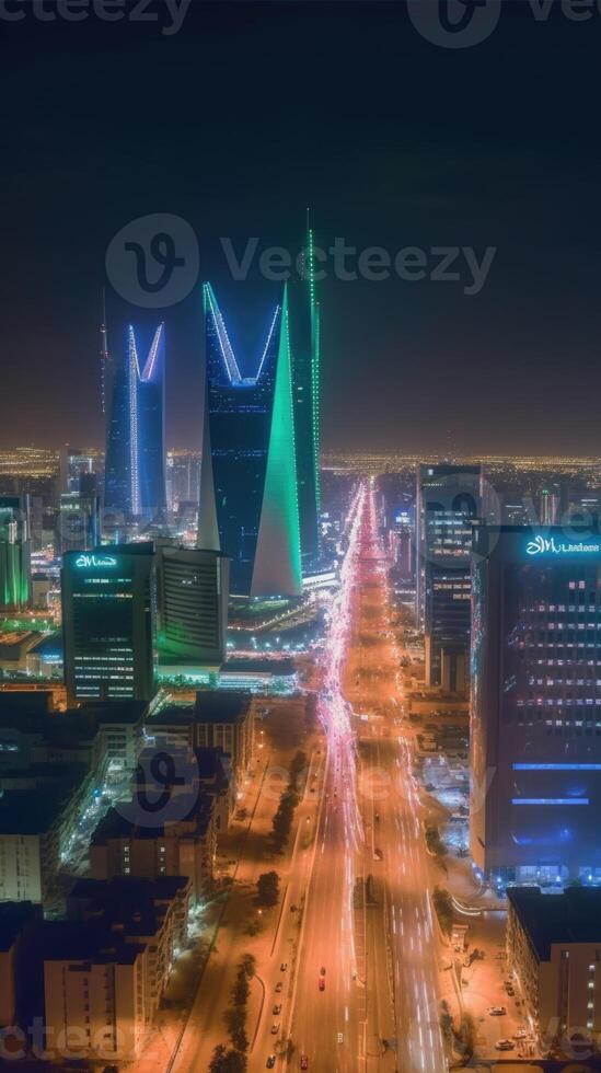 abbagliante notte città tiro di riyadh mostrando orizzonte punti di riferimento, ufficio e Residenziale edifici nel Sud arabia. generativo ai tecnologia. foto