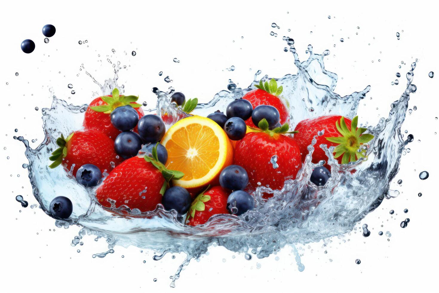 frutta con acqua spruzzo su bianca sfondo, salutare frutta ricco nel vitamine. generativo ai foto