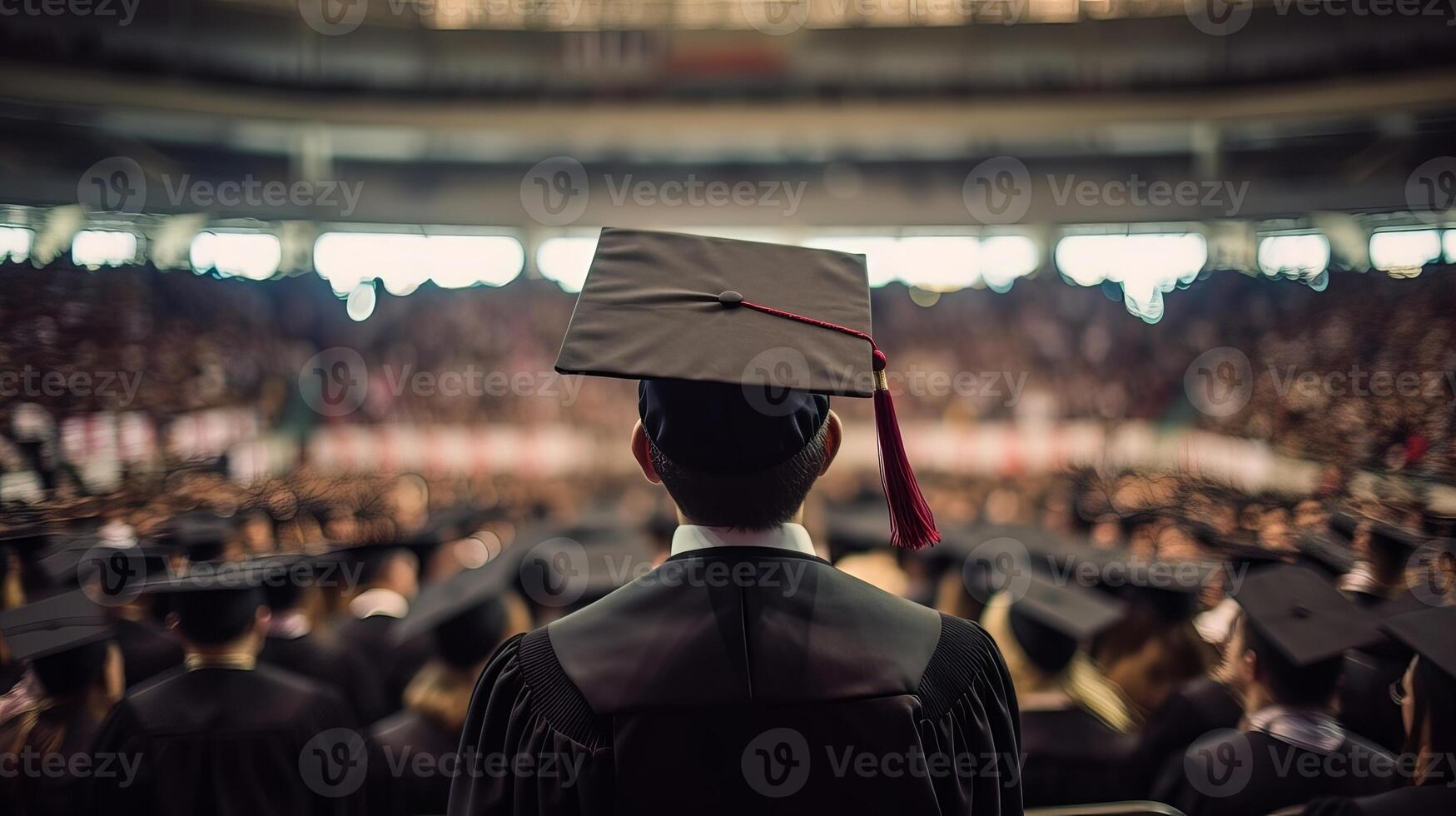 indietro di laureati entro il mezzo di la laurea a Università. creativo risorsa, ai generato foto