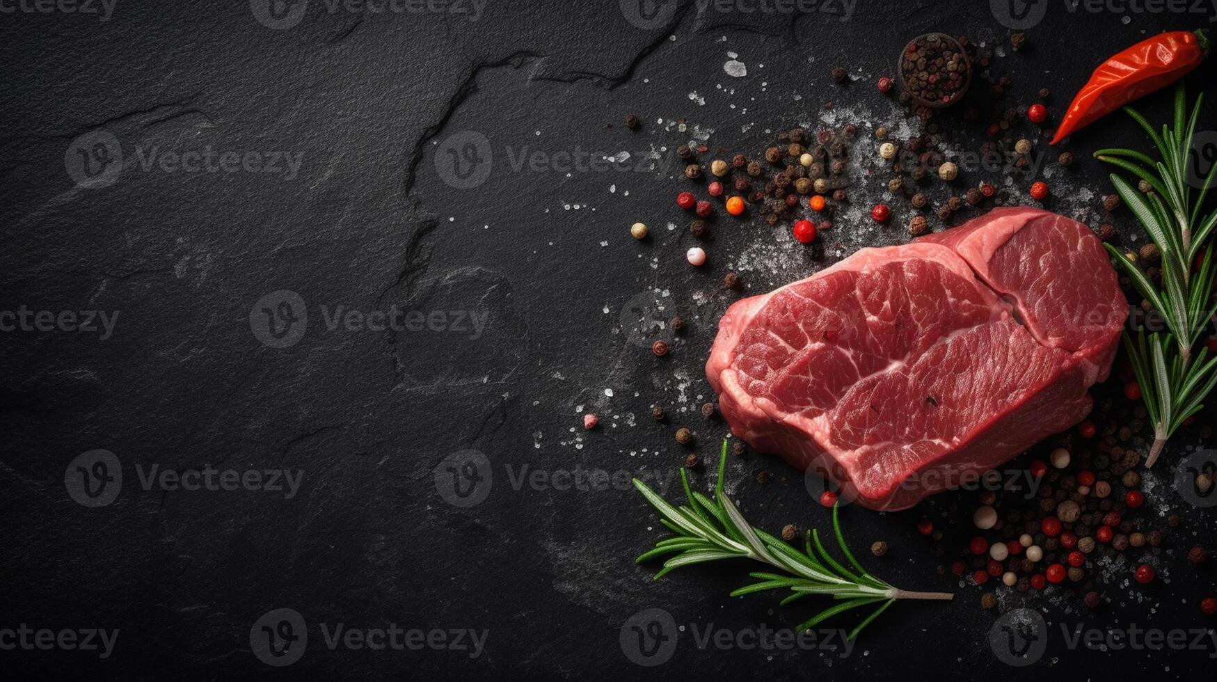 crudo Manzo bistecca con spezie e erbe aromatiche su nero sfondo, superiore Visualizza generativo ai foto