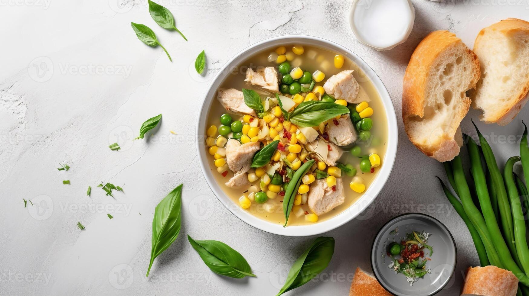 battere Punto verdura la minestra con pollo filetto, dolce Mais e verde fagioli. rassicurazione cibo. bianca tavolo istituzione, migliore vedere. creativo risorsa, ai generato foto