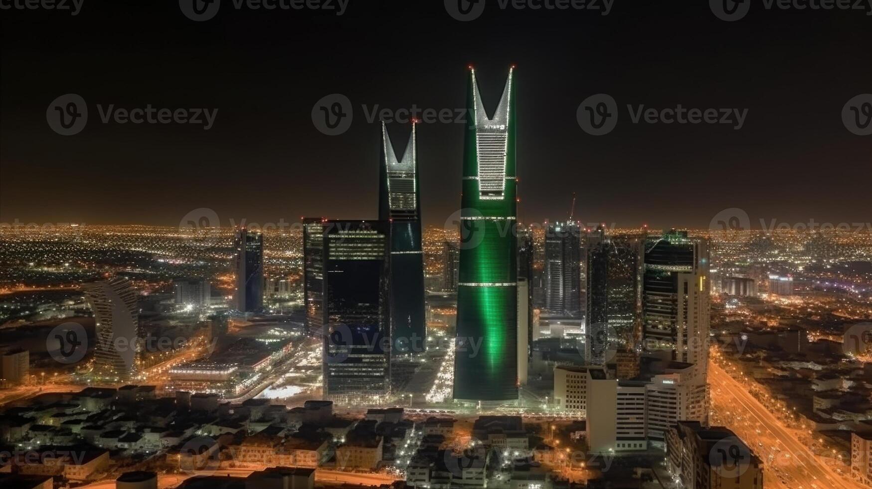 panoramico notte città tiro di riyadh mostrando orizzonte punti di riferimento, ufficio e Residenziale edifici nel Sud arabia. generativo ai tecnologia. foto