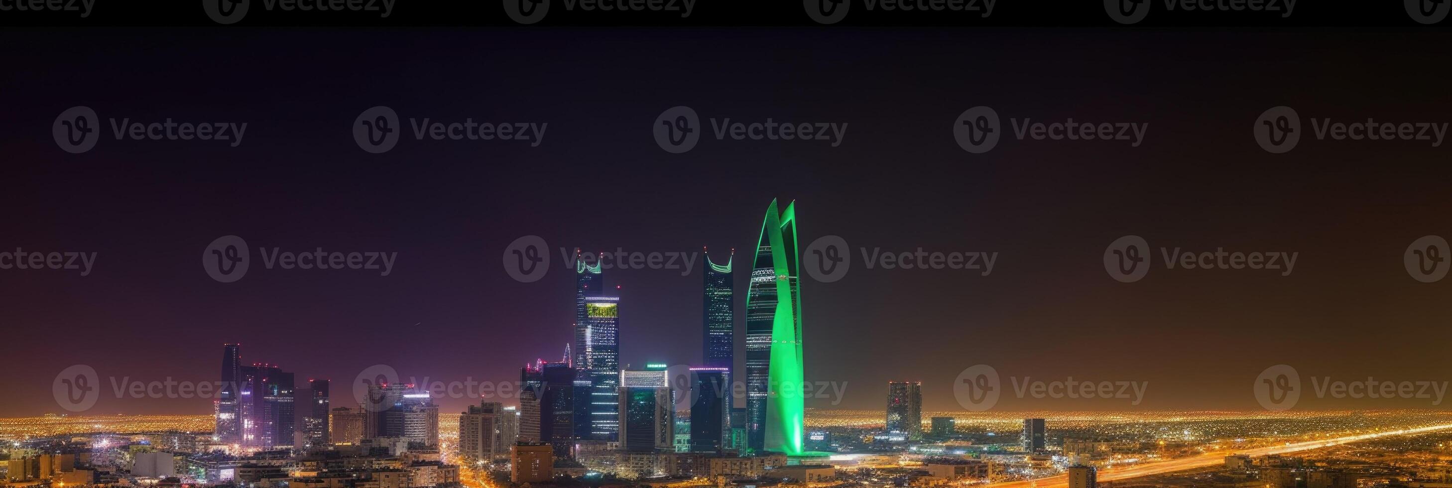panoramico notte città tiro di riyadh mostrando orizzonte punti di riferimento, ufficio e Residenziale edifici nel Sud arabia. generativo ai tecnologia. foto