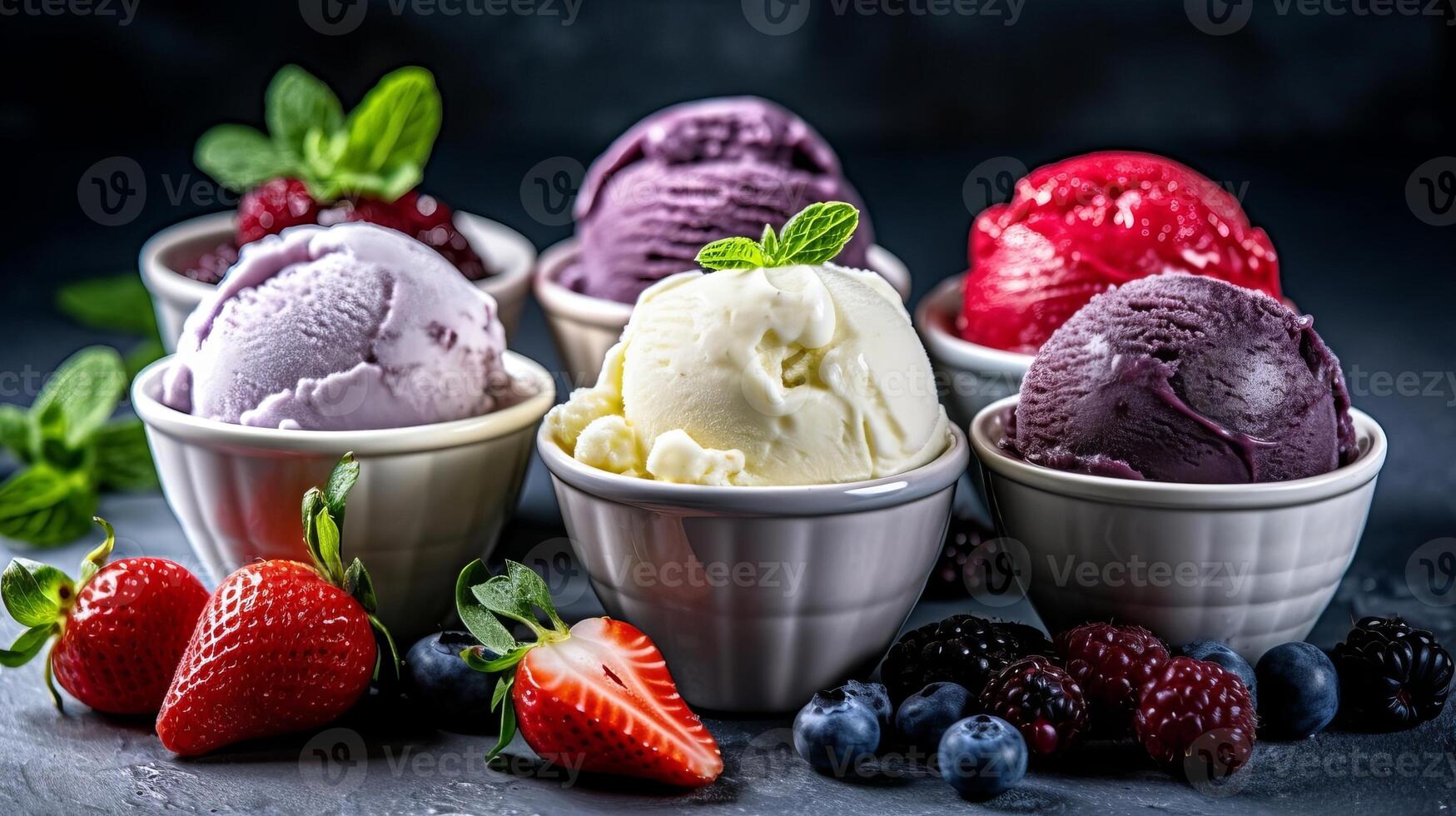 conservazione di ghiaccio crema gusto di Pentecoste inutilizzato mirtillo, fragola, kiwi, Limone, vaniglia impostare su Comune fondazione. creativo risorsa, ai generato foto