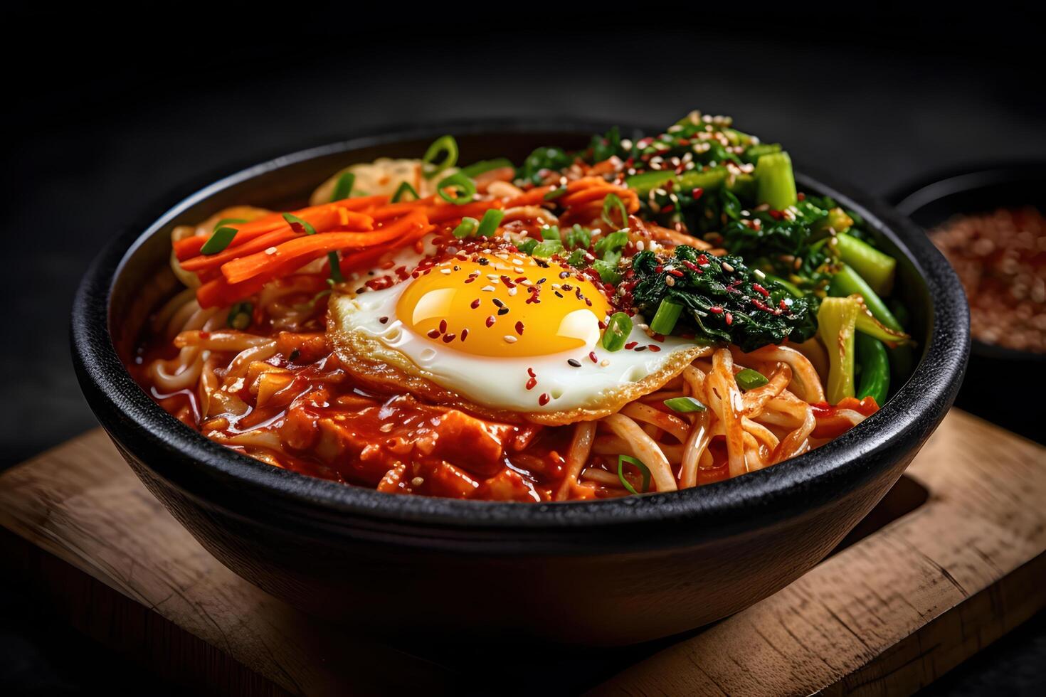 bibim guksu con speziato salsa, la verdura, e tagliatelle, coreano stile, generativo ai foto