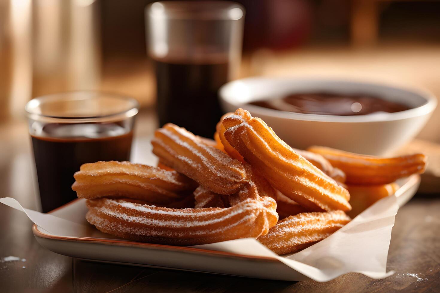 churros con cioccolato salsa, bianca piatto e tazza sfondo, spagnolo stile, generativo ai foto