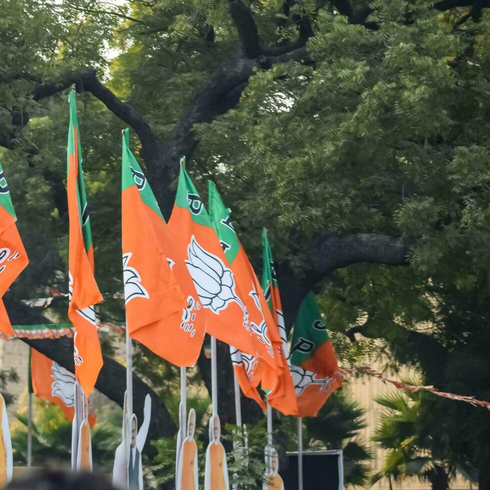 nuovo delhi, India - Maggio 16 2023 - bhratiya janata festa bandiera di indiano politico festa, bjp bhartiya janta festa bandiera agitando durante pm strada mostrare nel delhi, India foto