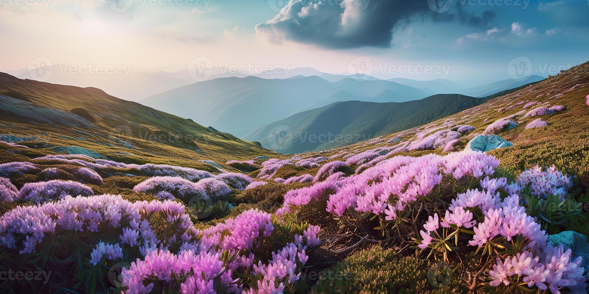 ai generato. ai generativo. bellissimo rododendro fiori al di sopra di tramonto montagne campo paesaggio. grafico arte foto