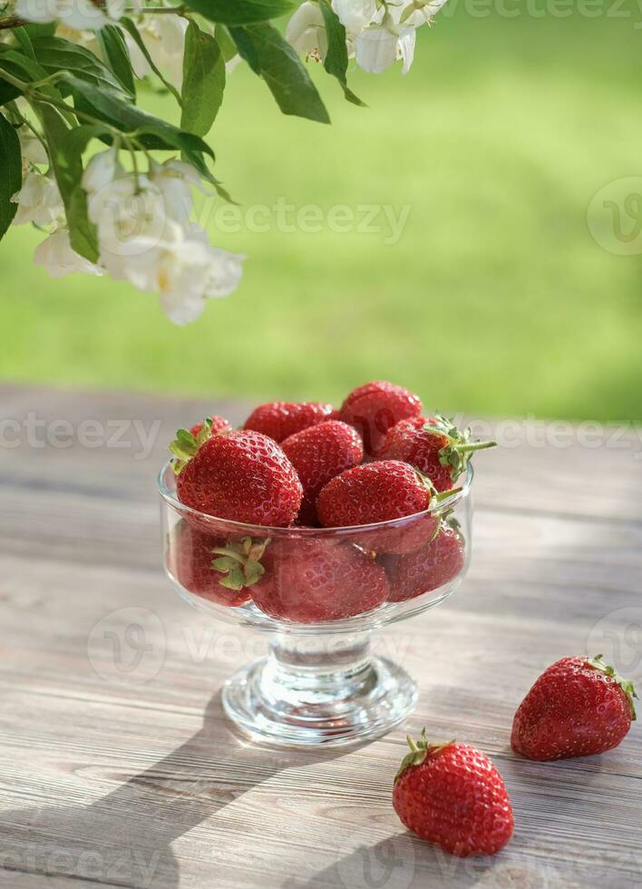 maturo fragole nel un' bicchiere ciotola su un' di legno tavolo nel il giardino. estate ancora vita con fragole. soleggiato giorno foto