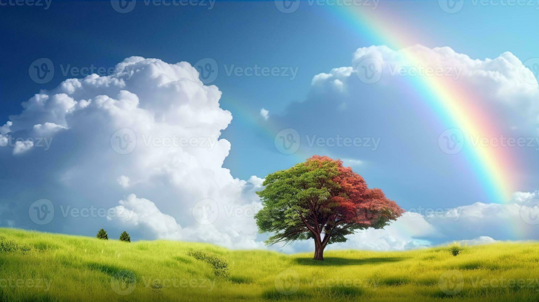 bellissimo paesaggio con verde erba campo e solitario albero nel il sfondo sorprendente arcobaleno. creato con generativo ai foto