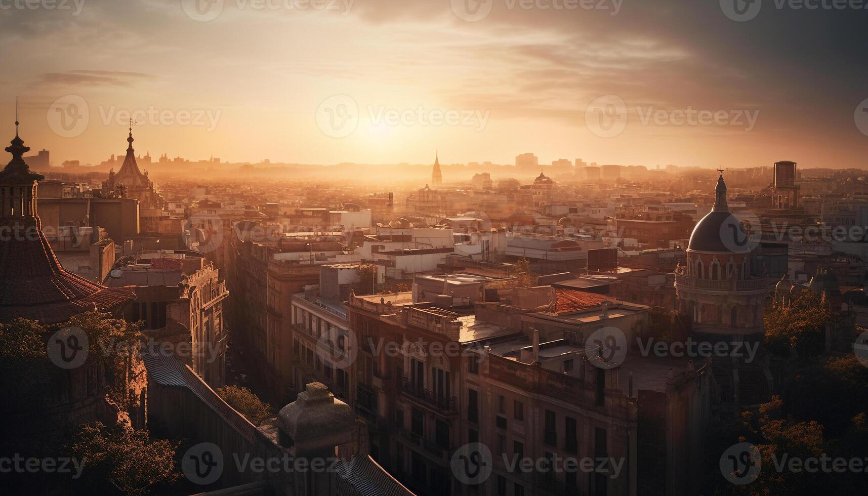 silhouette di città orizzonte, retroilluminato di tramonto generato di ai foto