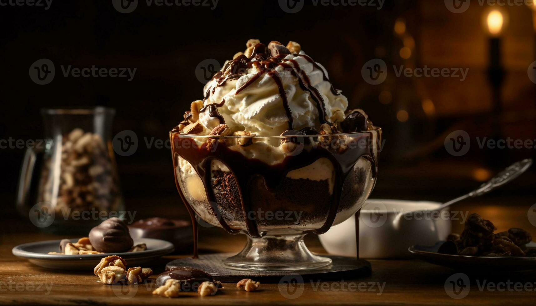 indulgente ghiaccio crema coppa di gelato guarnita con fresco frutta generato di ai foto