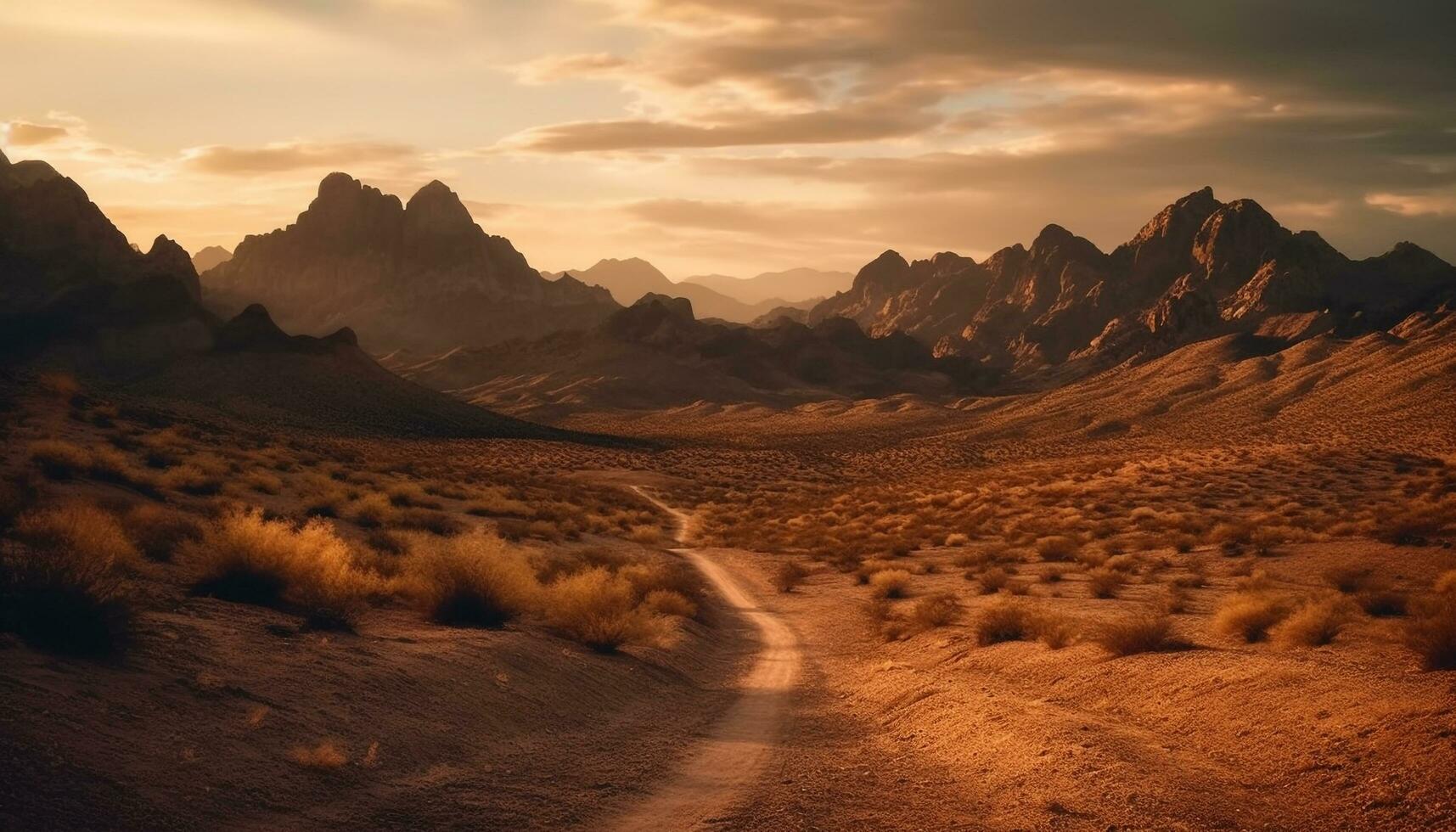 maestoso montagna gamma, tranquillo tramonto, natura selvaggia avventura generato di ai foto