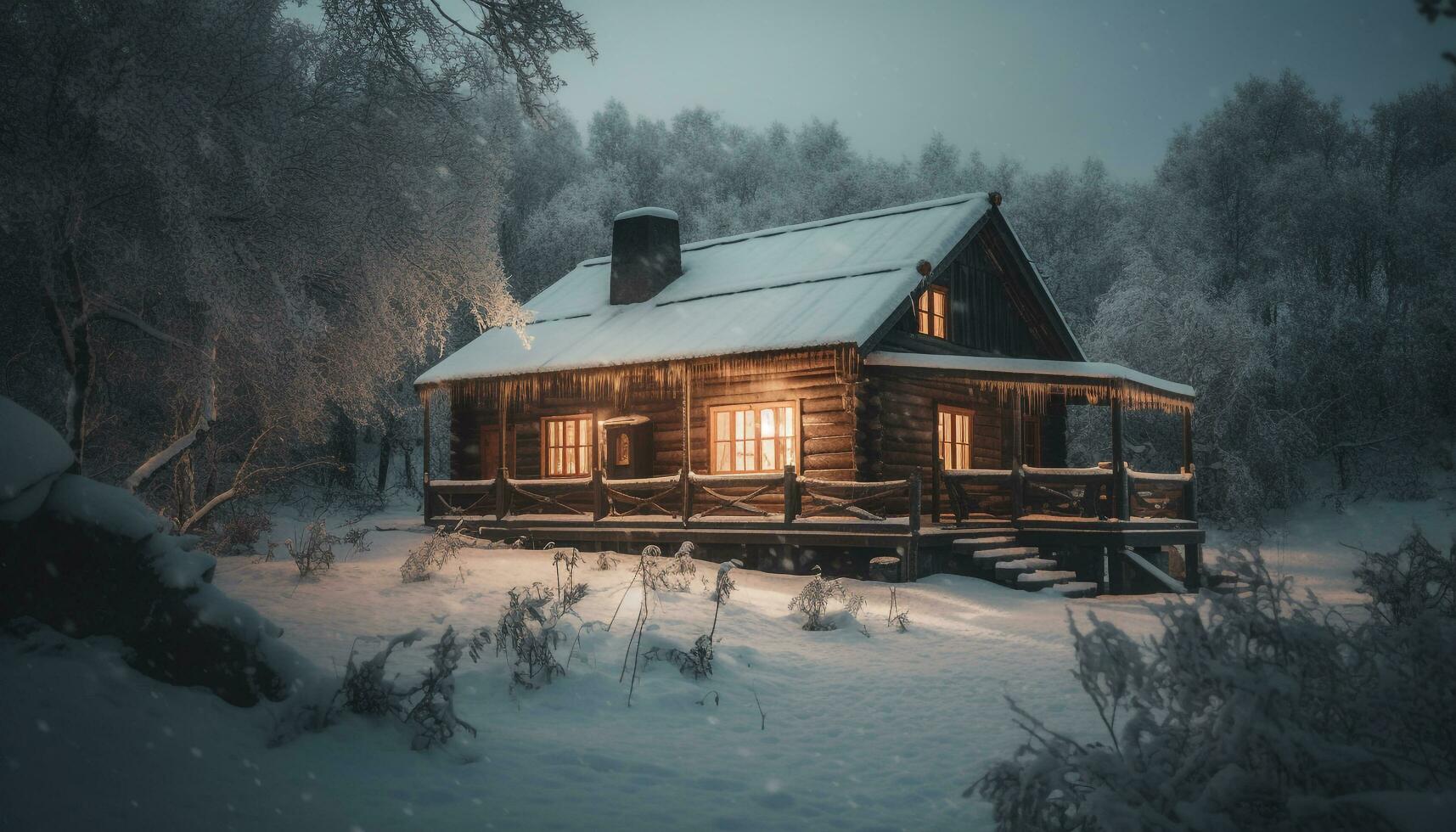 gelido inverno notte, nevicando su abbandonato capanna generativo ai foto