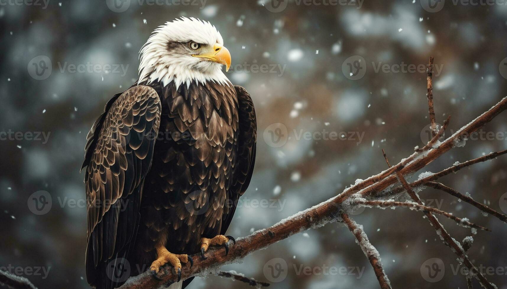 maestoso Calvo aquila perching su nevoso ramo generativo ai foto