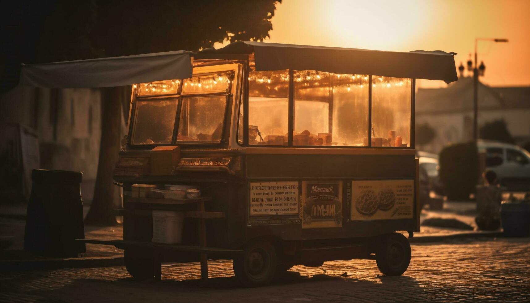 vecchio stile autobus unità attraverso illuminato città strade a crepuscolo generato di ai foto