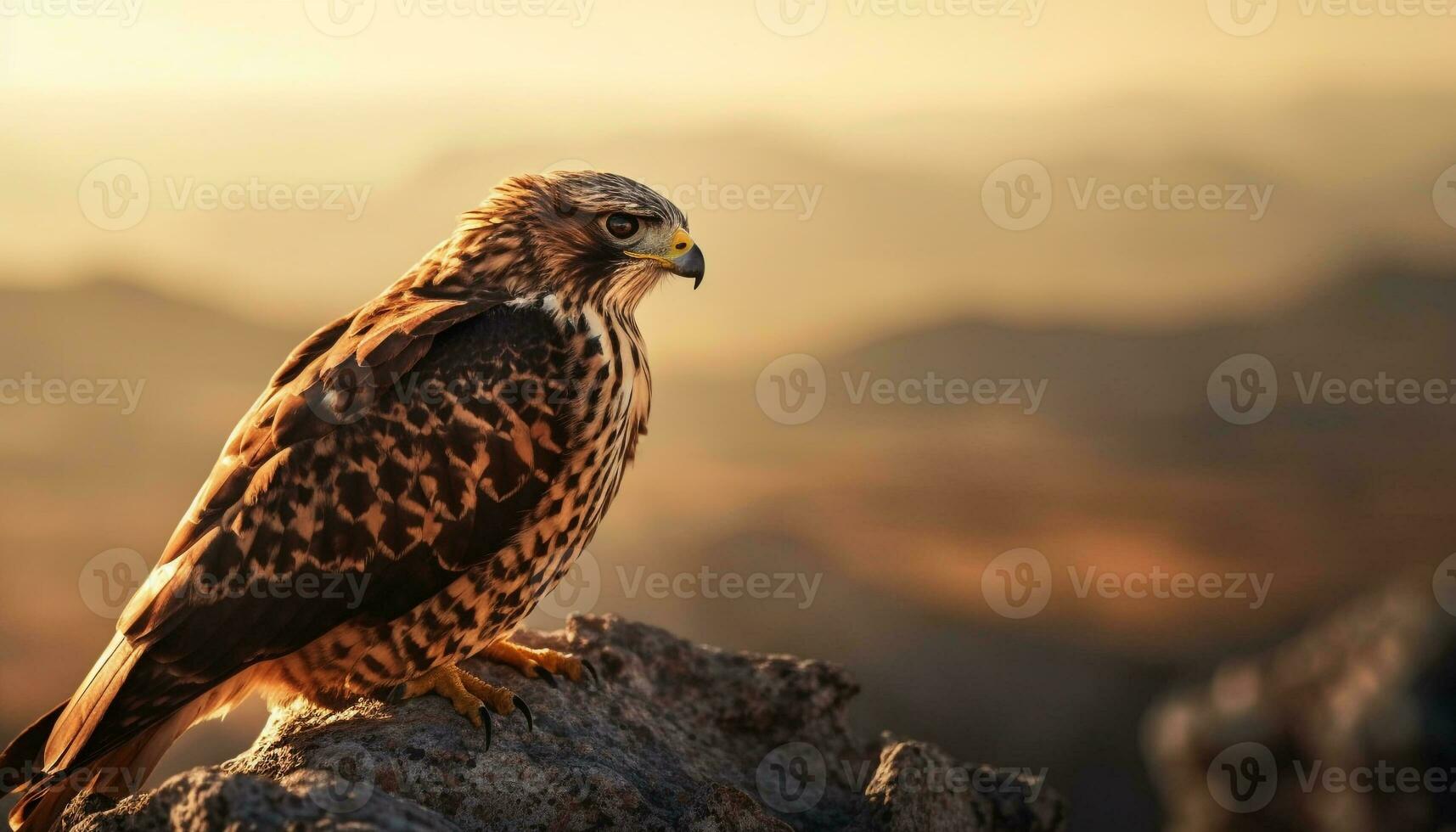 maestoso falco perching su montagna, Guardando tramonto generato di ai foto