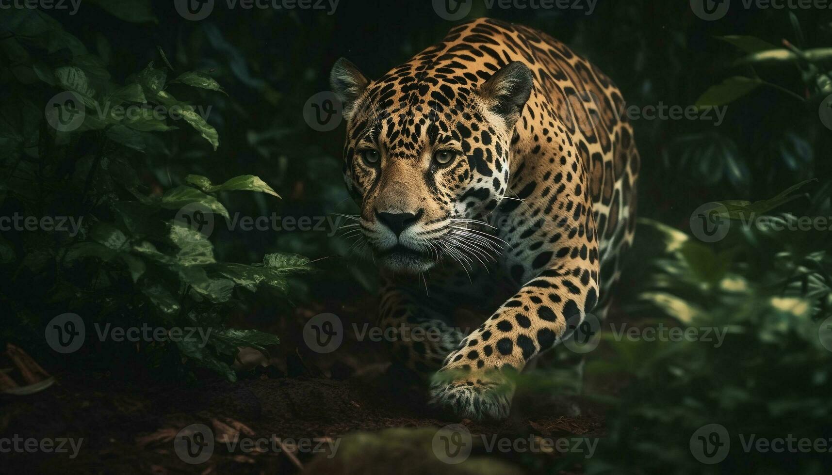 macchiato giaguaro a piedi nel tropicale foresta pluviale generato di ai foto