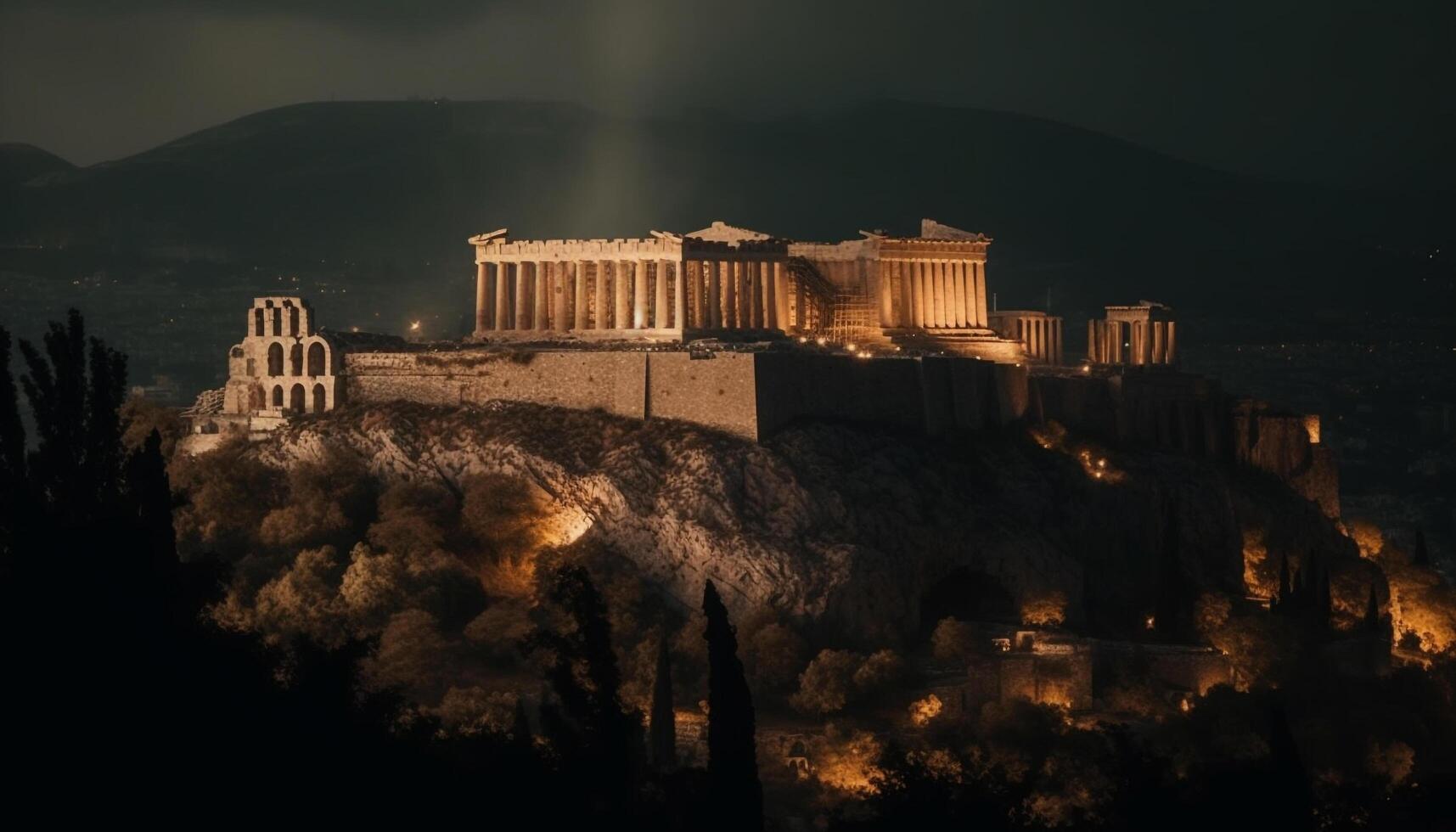 maestoso rovine di antico greco di Dio illuminato a crepuscolo generato di ai foto