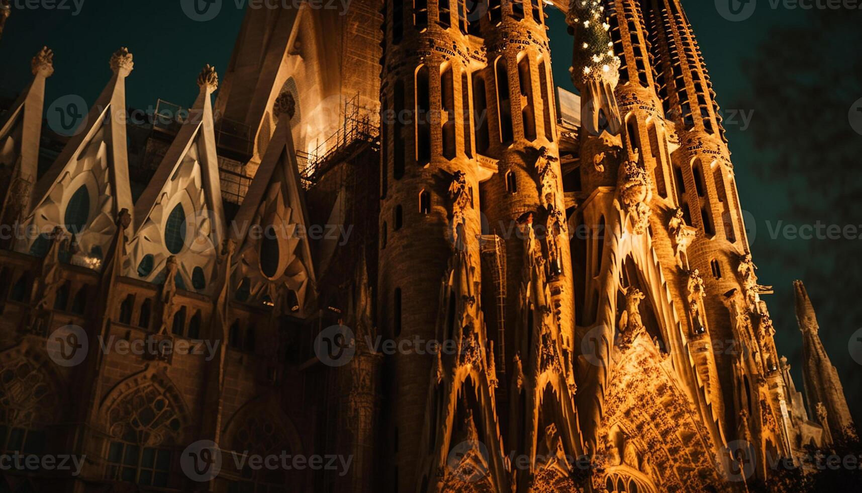 Gotico basilica illuminato a notte, un' punto di riferimento generato di ai foto