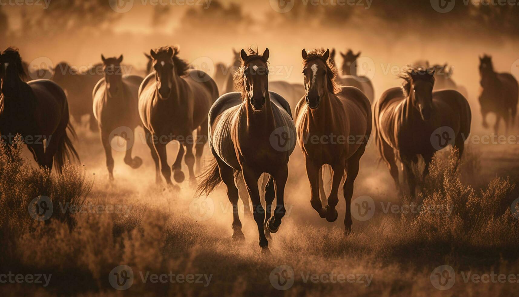 cavalli in esecuzione nel prato a tramonto generato di ai foto