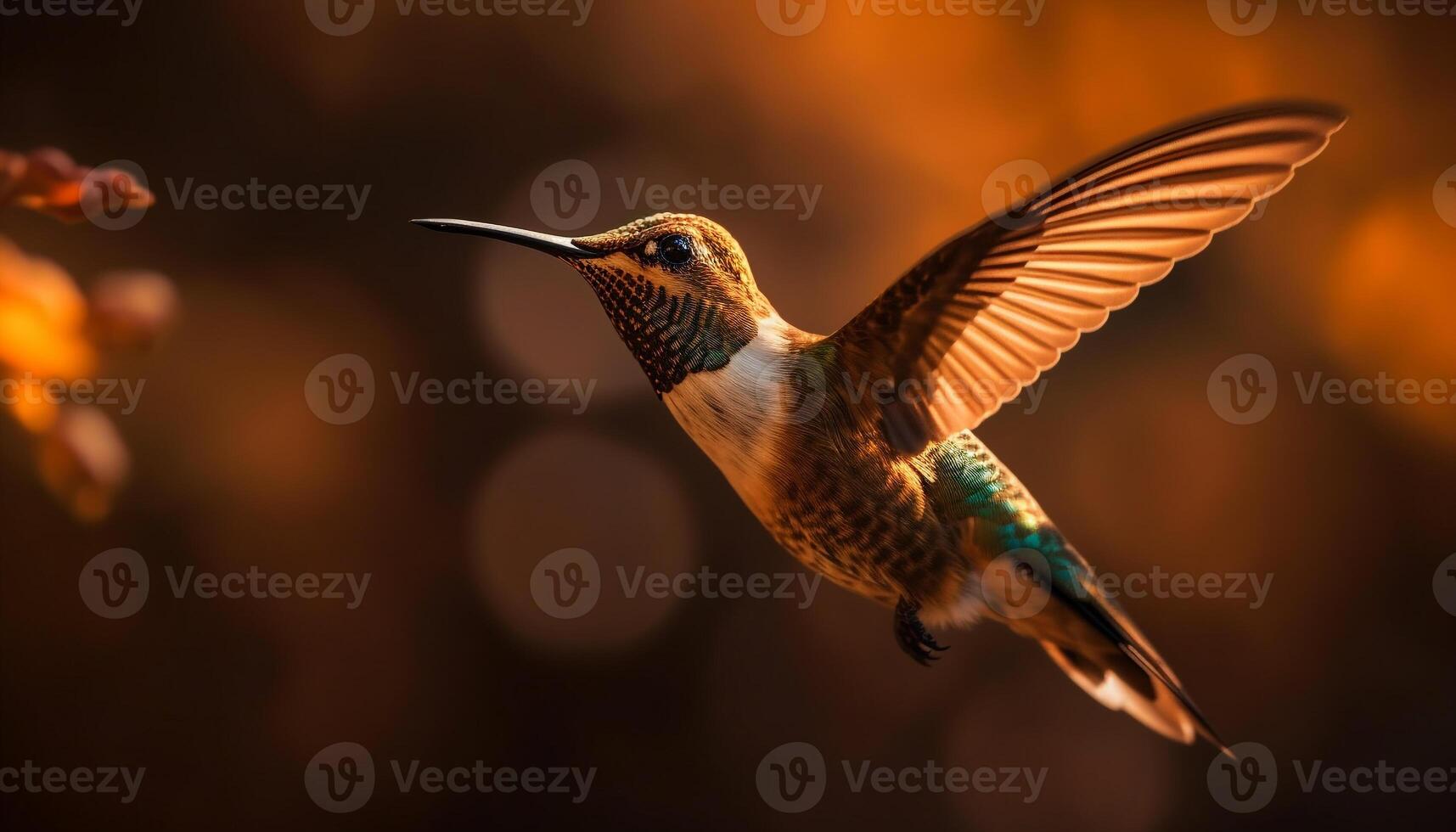 librarsi colibrì si diffonde iridescente Ali nel medio aria generato di ai foto