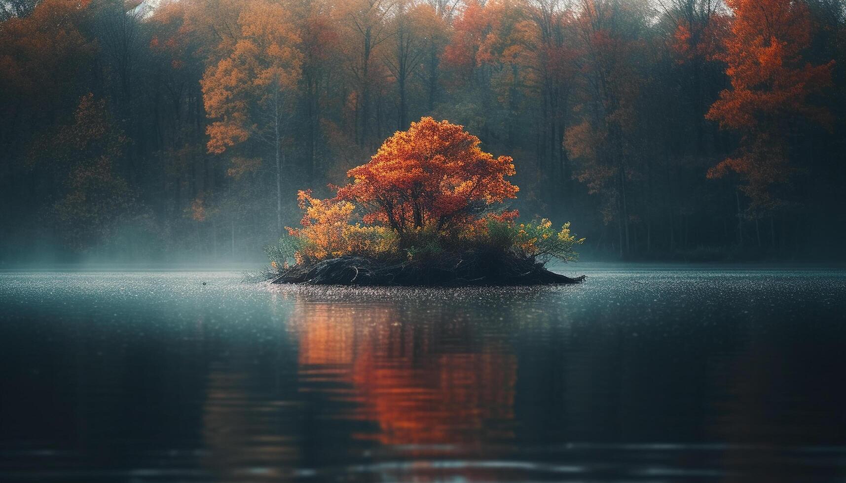 vivace autunno foresta, tranquillo stagno, bagnato erba generato di ai foto