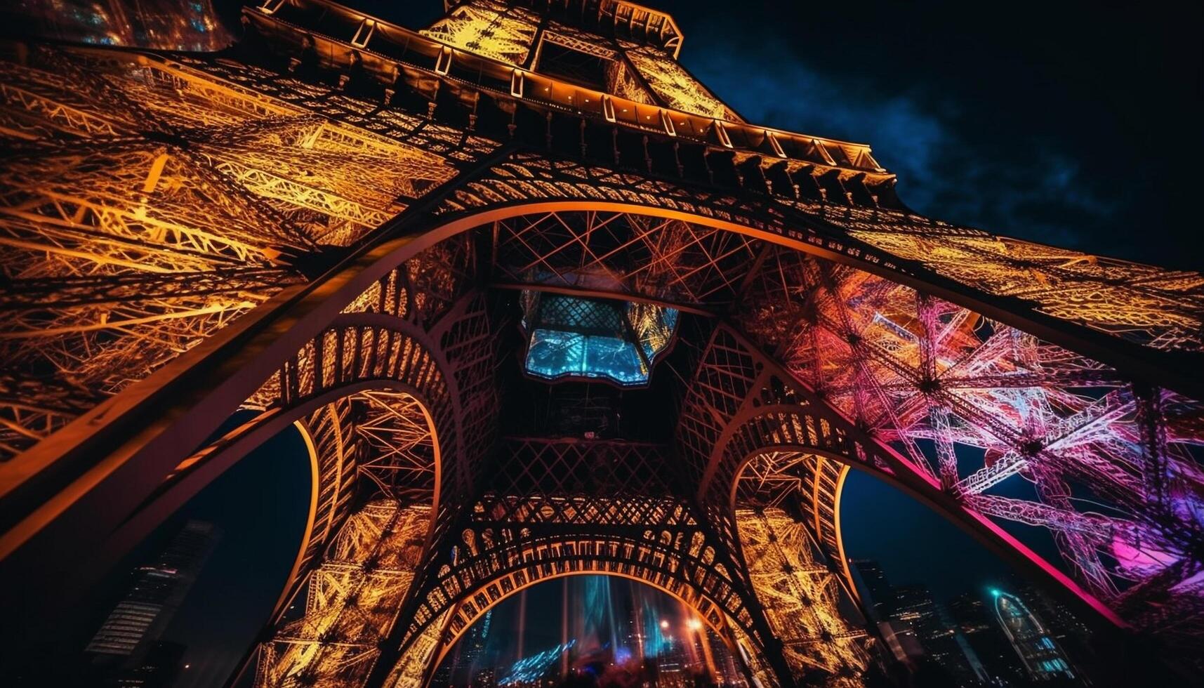 maestoso eiffel Torre si illumina Parigi a notte generato di ai foto