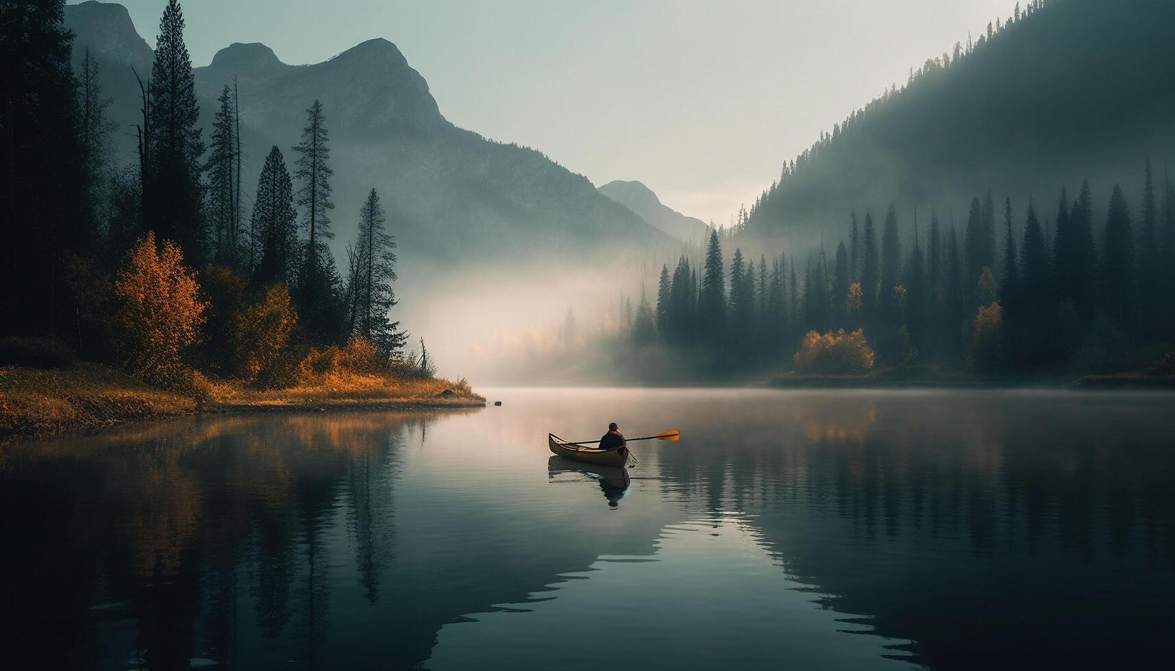 tranquillo scena di canoa su blu stagno generato di ai foto