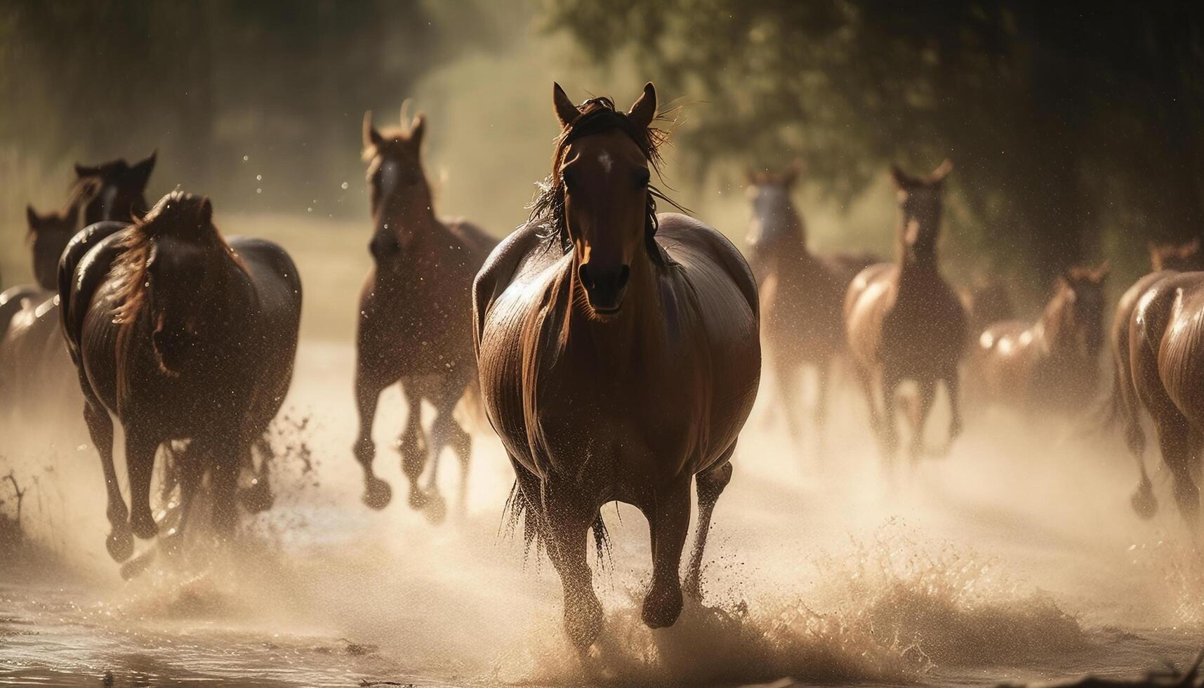 mandria di cavalli pascolo nel rurale prato generato di ai foto