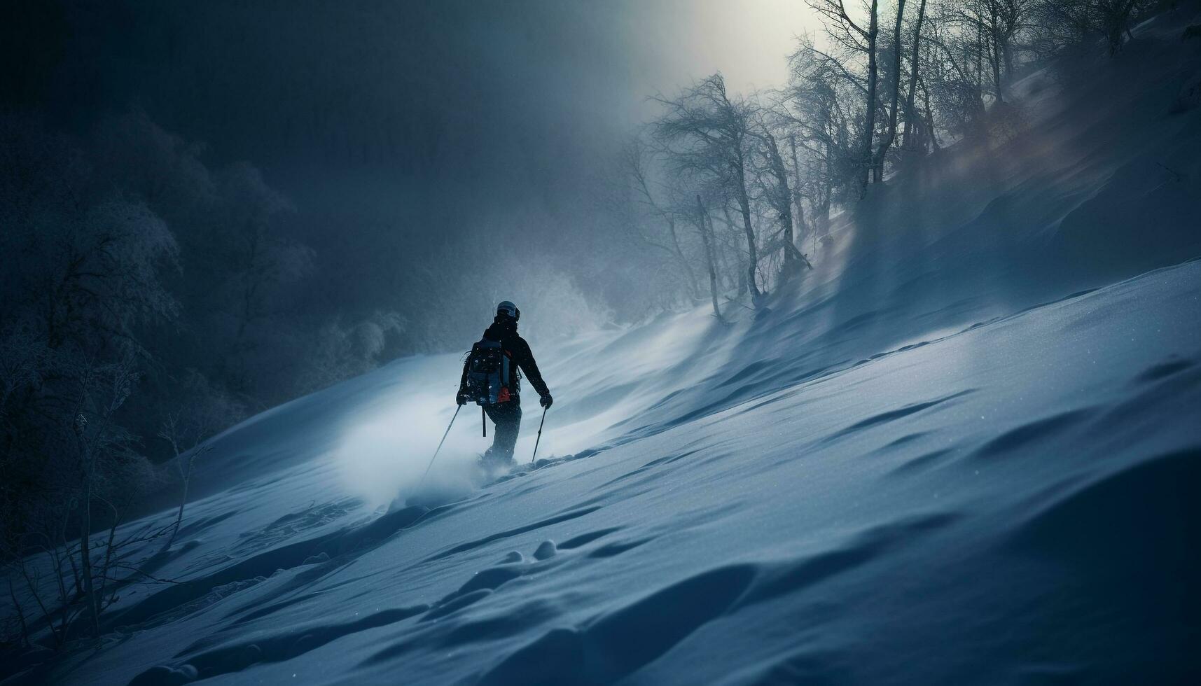 uno persona sciare giù un' nevoso montagna generato di ai foto