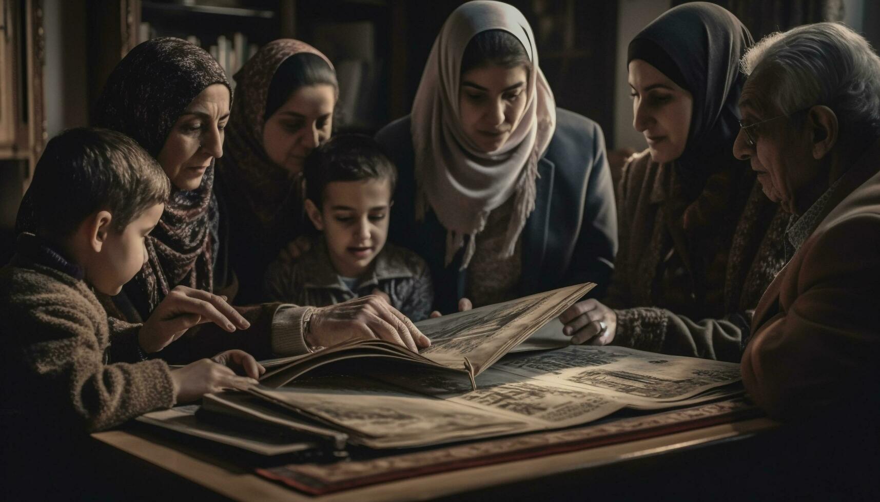 famiglia bonding al di sopra di lettura nel biblioteca insieme generato di ai foto